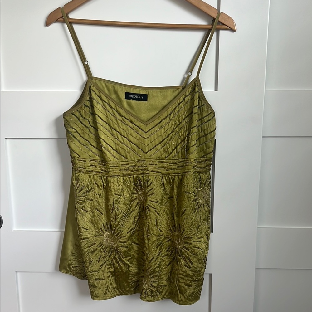 Ideology Green Ruched Camisole Top - hand embroidered Sz L GORGEOUS!